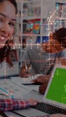 Sticker - Animation of mathematical equations with schoolgirl using laptop with green screen in classroom