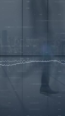 Poster - Composite video of statistical data processing against time lapse of people walking at office