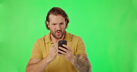 Poster - Face, green screen and man with smartphone, frustrated and angry against a studio background. Portrait, male and person with facial expression, shocked and cellphone with news, email and surprise