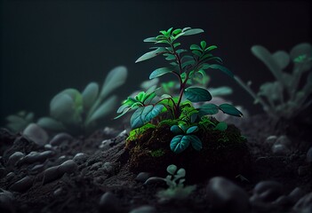 Dark green young plant grow with fresh ground. Generative AI