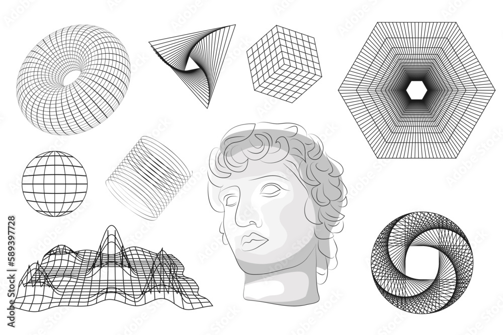 Greek sculpture, modern statues, geometric figures on a transparent ...