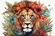 Image of a lion head with colorful tropical flowers. wildlife. Animal. illustration, Generative AI.