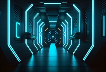 3d rendering of spaceship corridor hallway neon glowing blue background concrete. Cyberpunk concept. Scene for advertising, showroom, technology, future, modern, sport, metaverse. Sci. Generative AI