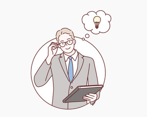 Young businessman smiling man having a good idea. Hand drawn style vector design illustrations.