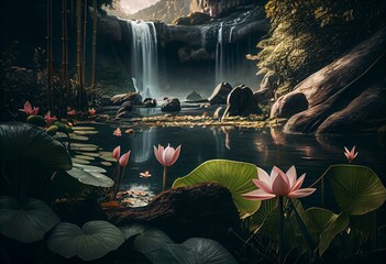 waterfall, tropical river with lotus flowers, tropical flowers - generative ai