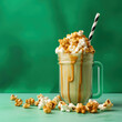 Milkshake with caramel and popcorn. Green background. AI generated