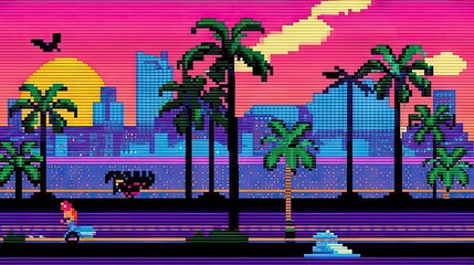 Wall Mural - Beach and sunset in synthwave style. California beach. Pixel art by ai, Generative AI