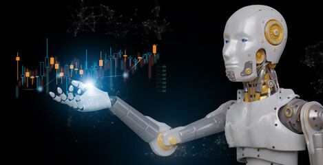 Concept of Artificial intelligence, AI robot help analyze for trader selling and buy, exchange, stock market, science, cryptocurrency, money, financial, robotic, technology business financial funds