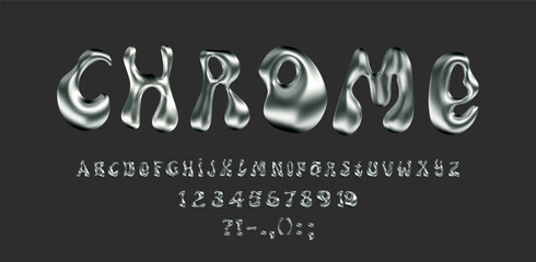 y2k chrome font. liquid metal 3d alphabet, aesthetic techno letter, number and abstract shape. mercu