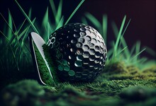 Golf Ball And Golf Club With Fairway Green Background. Sport And Athletic Concept. 3D Illustration Rendering. Generative AI