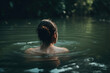 Wild swimming, rest recovery, water relaxation concept. Rear view of caucasian brunette woman floating in pond in nature, close-up. Generative AI