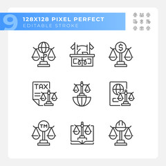 Sticker - Law regulation in various industries pixel perfect linear icons set. Legal institutions. State systems. Customizable thin line symbols. Isolated vector outline illustrations. Editable stroke