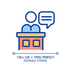 Sticker - Witness pixel perfect RGB color icon. Person giving evidence in law court. Case investigation at legal trial. Isolated vector illustration. Simple filled line drawing. Editable stroke