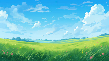 summer fields, hills landscape, green grass, blue sky with clouds, flat style cartoon painting illus