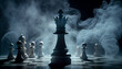 Chess pieces on a board with smoke. Generative AI