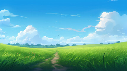 Wall Mural - Summer fields, hills landscape, green grass, blue sky with clouds, flat style cartoon painting illustration. Generative AI.