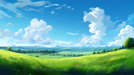 summer fields, hills landscape, green grass, blue sky with clouds, flat style cartoon painting illus