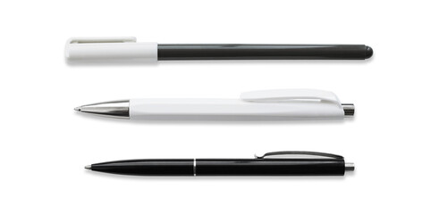 ballpoint pen isolated in transparent png, top view of three pens, business office desk design eleme