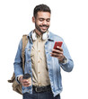Young handsome man with backpack looking at smart phone and holding coffee cup isolated transparent PNG, Smiling student going on travel