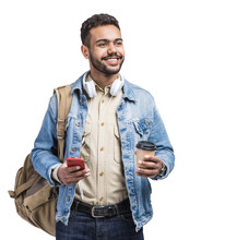 Young Handsome Man With Backpack Holding Smart Phone And Coffee Isolated Transparent PNG, Smiling Student Going On Travel