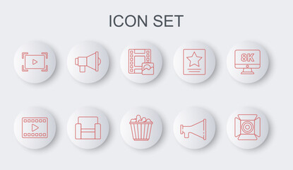 Sticker - Set line Movie spotlight, Play Video, Megaphone, Online play video, Cinema chair and Popcorn box icon. Vector