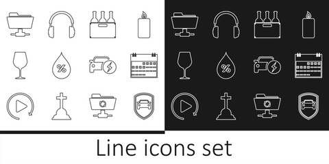 Sticker - Set line Car protection or insurance, Calendar, Bottles of wine box, Water drop percentage, Wine glass, FTP folder, Electric car and Headphones icon. Vector