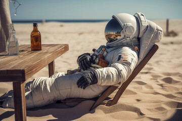 Wall Mural - an astronaut in a space suit on a summer vacation lies on a deck chair on the beach. ai generated