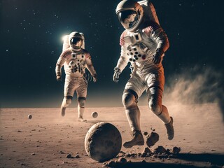 Wall Mural - two astronauts playing football on an alien planet, travel and healthy lifestyle concept. active pas