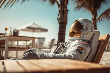 Wall Mural - an astronaut in a space suit on a summer vacation lies on a deck chair on the beach. ai generated