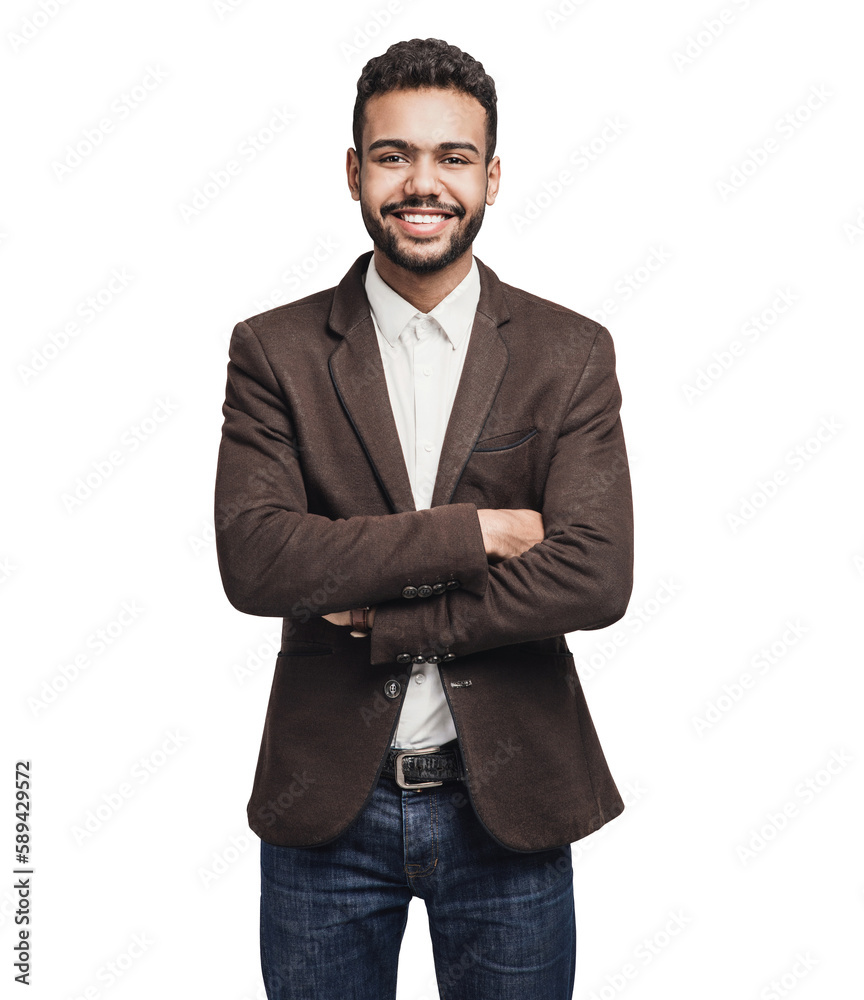 Portrait of handsome smiling young man with folded arms isolated ...