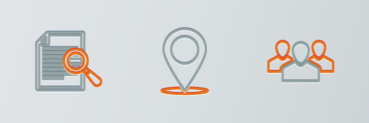 Poster - Set line Users group, Document with search and Map pin icon. Vector