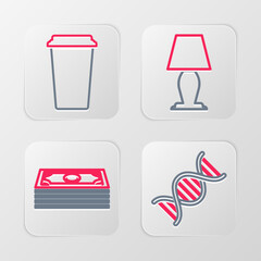 Canvas Print - Set line DNA symbol, Stacks paper money cash, Table lamp and Coffee cup icon. Vector