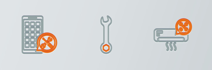 Sticker - Set line Air conditioner service, Mobile Apps and Wrench icon. Vector