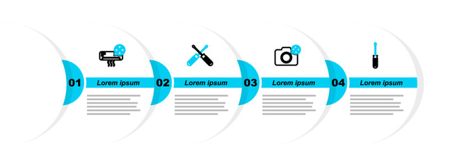 Sticker - Set line Screwdriver, Photo camera service, Crossed screwdrivers and Air conditioner icon. Vector