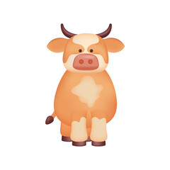 Wall Mural - Cute orange cow character as kids toy 3D illustration. Cartoon drawing of adorable domestic or cattle animal as gift or mascot in 3D style on white background. Wildlife, agriculture or farming concept