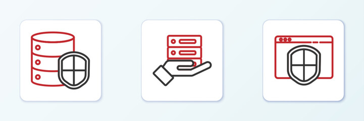 Poster - set line browser with shield, server and server, data, web hosting icon. vector