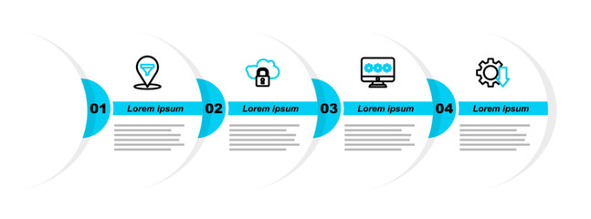 Poster - Set line Cost reduction, Monitor with password, Cloud computing lock and Location sales funnel icon. Vector