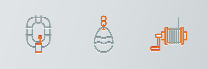 Poster - set line spinning reel for fishing, inflatable boat and fishing spoon icon. vector