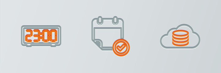 Poster - set line cloud database, digital alarm clock and calendar with check mark icon. vector