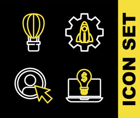 Poster - Set line Startup project concept, Light bulb with dollar laptop, Create account screen and Hot air balloon icon. Vector