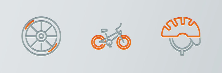 Sticker - Set line Bicycle helmet, wheel and icon. Vector