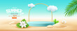 Summer display podium blue color sale, flowers and coconut leaves pile of sand banner design, on cloud and sand beach background, EPS 10 vector illustration
