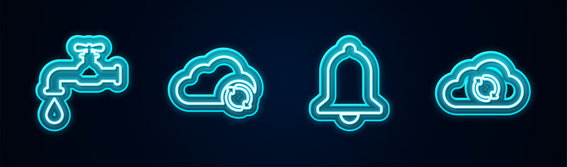 Poster - Set line Water tap, Cloud sync refresh, Ringing bell and . Glowing neon icon. Vector