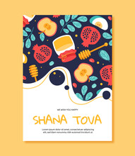 Rosh Hashanah Banner. Shana Tova, Traditional Jewish Holiday. Honey, Pomegranate, Apple And Wooden Stick. Invitation And Greeting Postcard Design. Israeli Culture. Cartoon Flat Vector Illustration