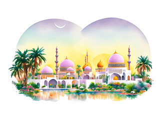 Wall Mural - Cute Charming Islamic Mosque pink and purple watercolor illustration with tropical plant. Suitable for Islamic events Eid Al Fitr, Eid Al Adha, Ramadan, Islamic New Year, Mawlid. Generative AI