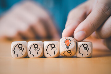 Poster - hand flipping to change human thinking icon to lightbulb lamp glowing icon for creative thinking ide