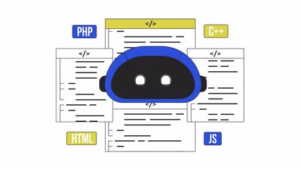 Fototapete - AI-assisted programming animation. Animated bot with scripts 2D cartoon flat colour line character. Code generator 4K video concept footage on white with alpha channel transparency for web design