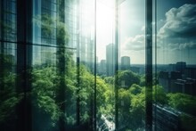 Double Exposure Of Lush Green Forest And Modern Skyscrapers Windows Of Building. Green City Concept. Generative Ai.