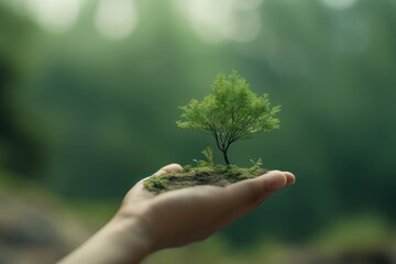 Wall Mural - Hand holding tree on blur green nature background. Green environment earth day concept. Generative ai.