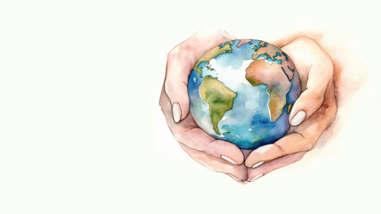 Wall Mural - Hands protecting the world illustration in water color style background. Earth day concept. Generative ai.
